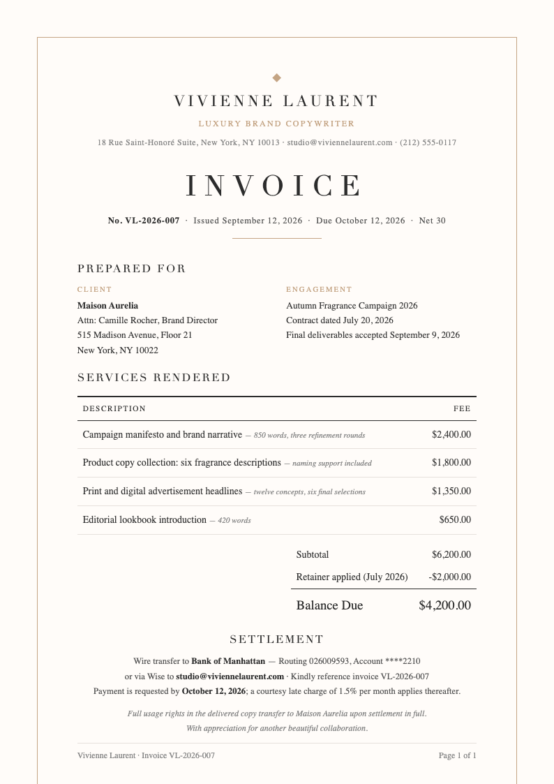 Elegant sophisticated freelance writer invoice